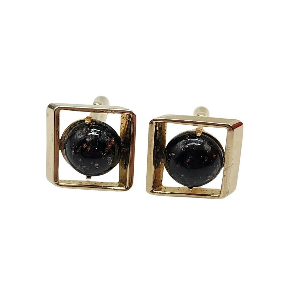 Swank Black Glass Gold Stone Geometric Planet Style Cufflinks Vintage